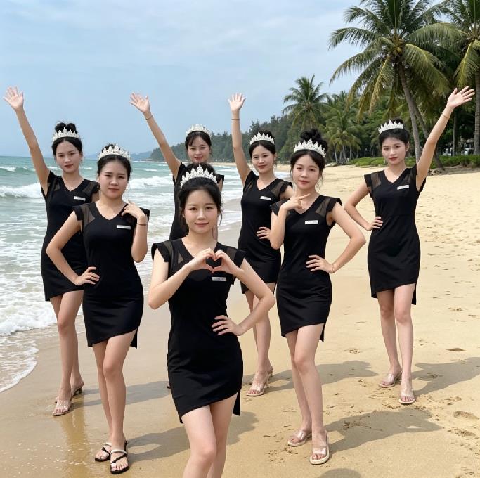 华纳万宝路客服微信黑色礼服礼仪小姐在椰林海滩列队合影